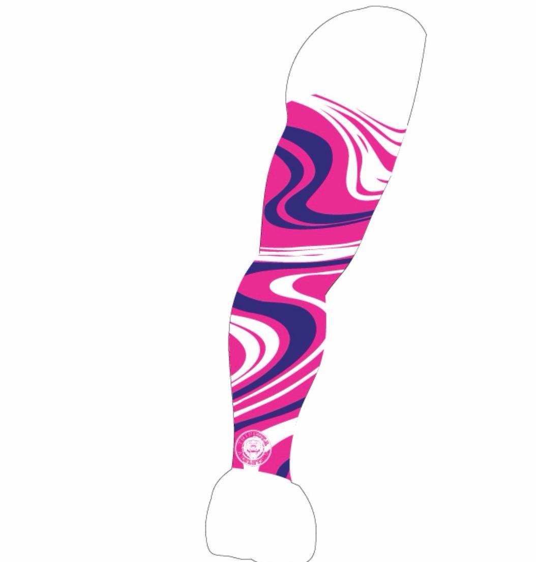 Battle wave Point sublimation arm sleeve with vibrant pink and purple wave design, UV protection, moisture-wicking, and compression support.